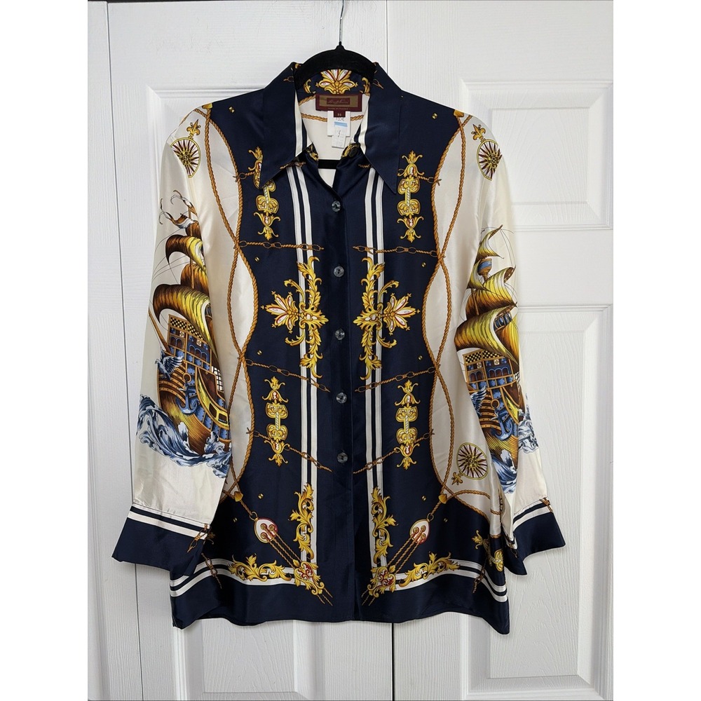 Renato Nucci Ship Print Silk Blouse Womens Size 36 Navy Cream Nautical Vintage